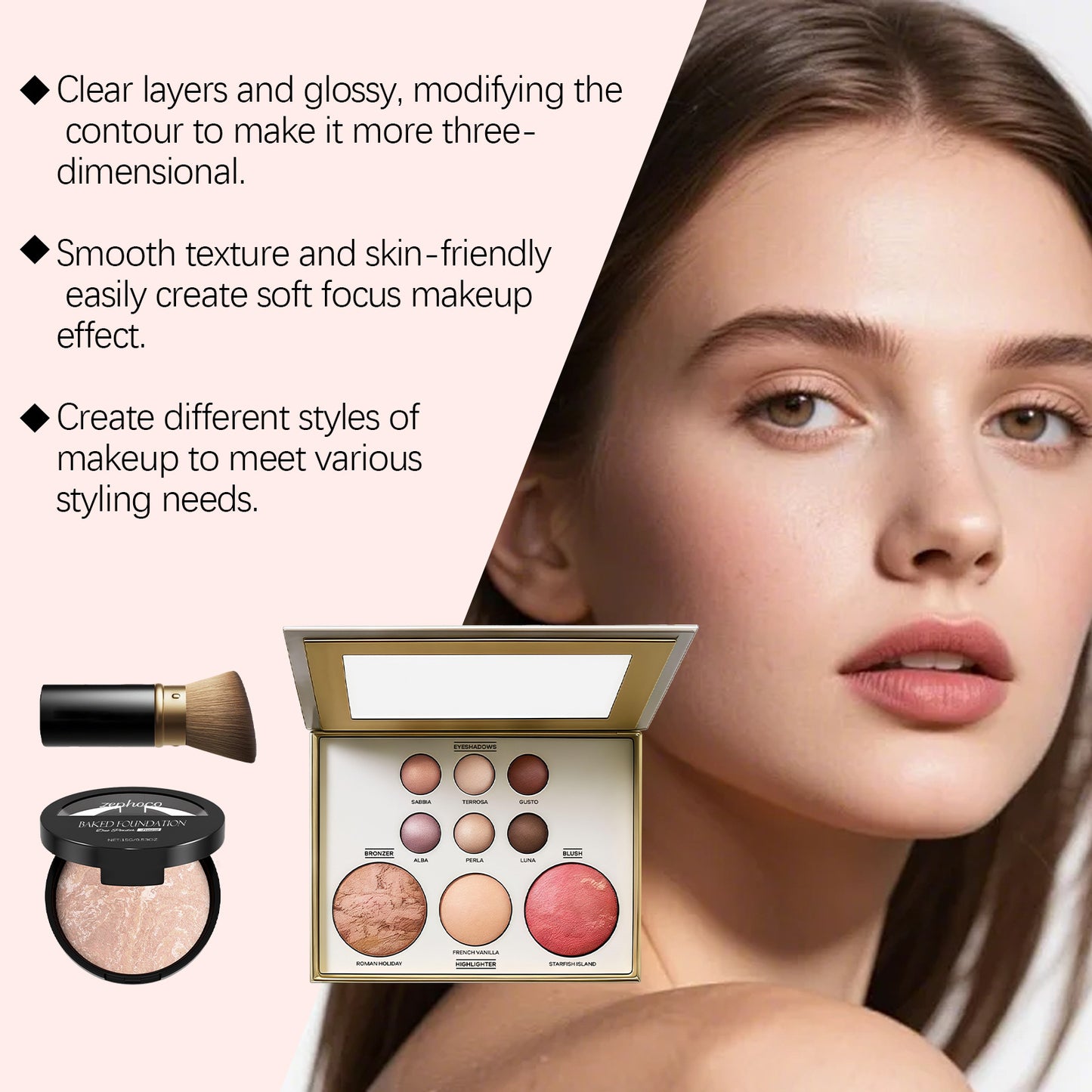 Palette de maquillage tout-en-un Zephoco – Fard à paupières, blush et highlighter avec pinceau pour une utilisation quotidienne et pour offrir