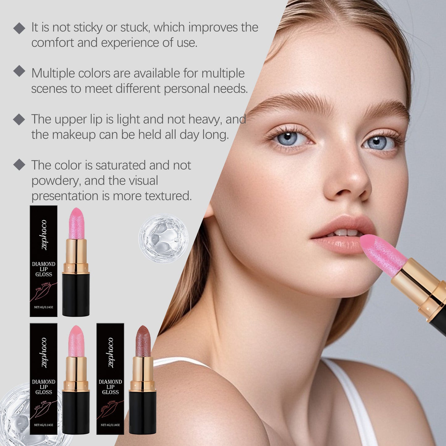 Zephoco Diamond Lip Gloss – Shimmer Finish Moisturizing Lipstick