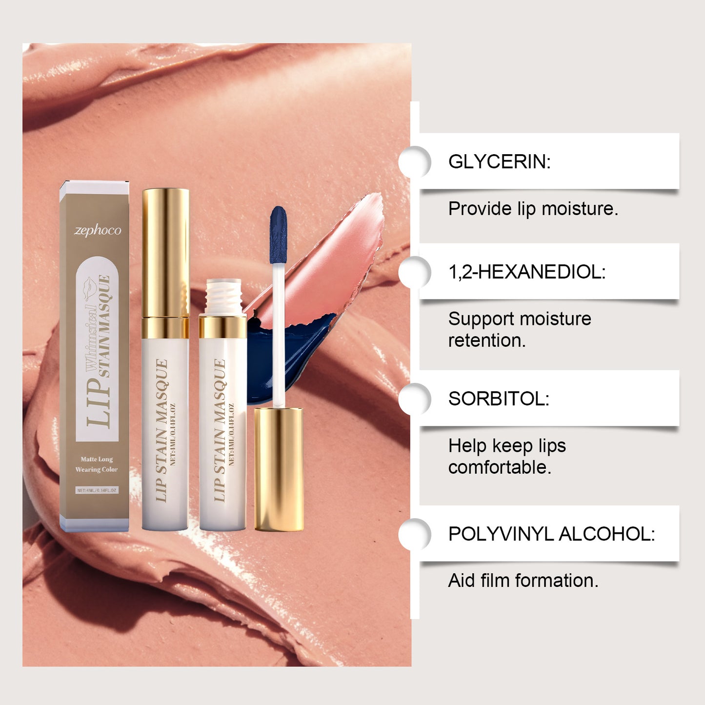 Zephoco Lip Stain Masque – Matte Long-Wearing Lip Color with Precision Applicator