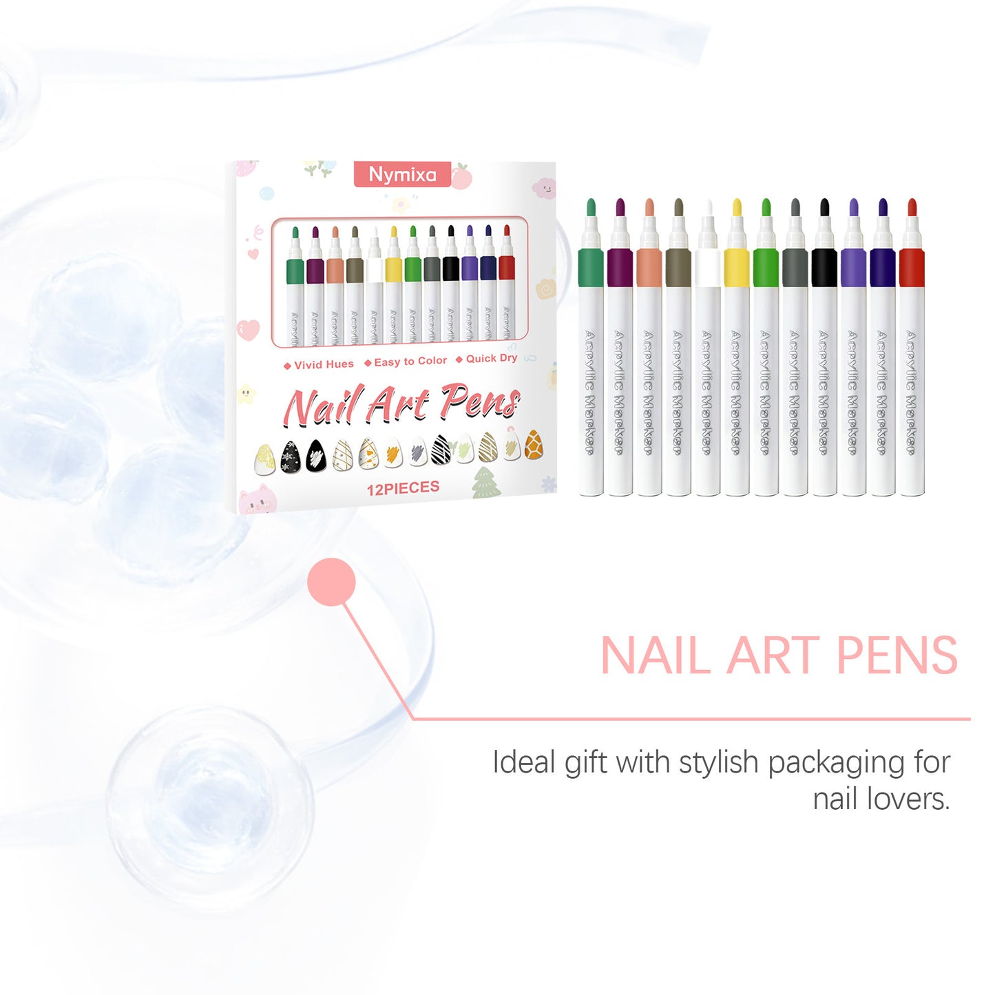 Nymixa Nail Art Pens – 12-Color Quick-Dry DIY Nail Drawing Set