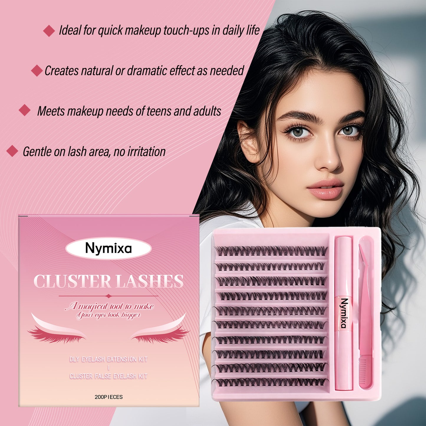 Kit de pestañas Nymixa Cluster: extensiones de pestañas naturales o glamurosas (200 unidades)