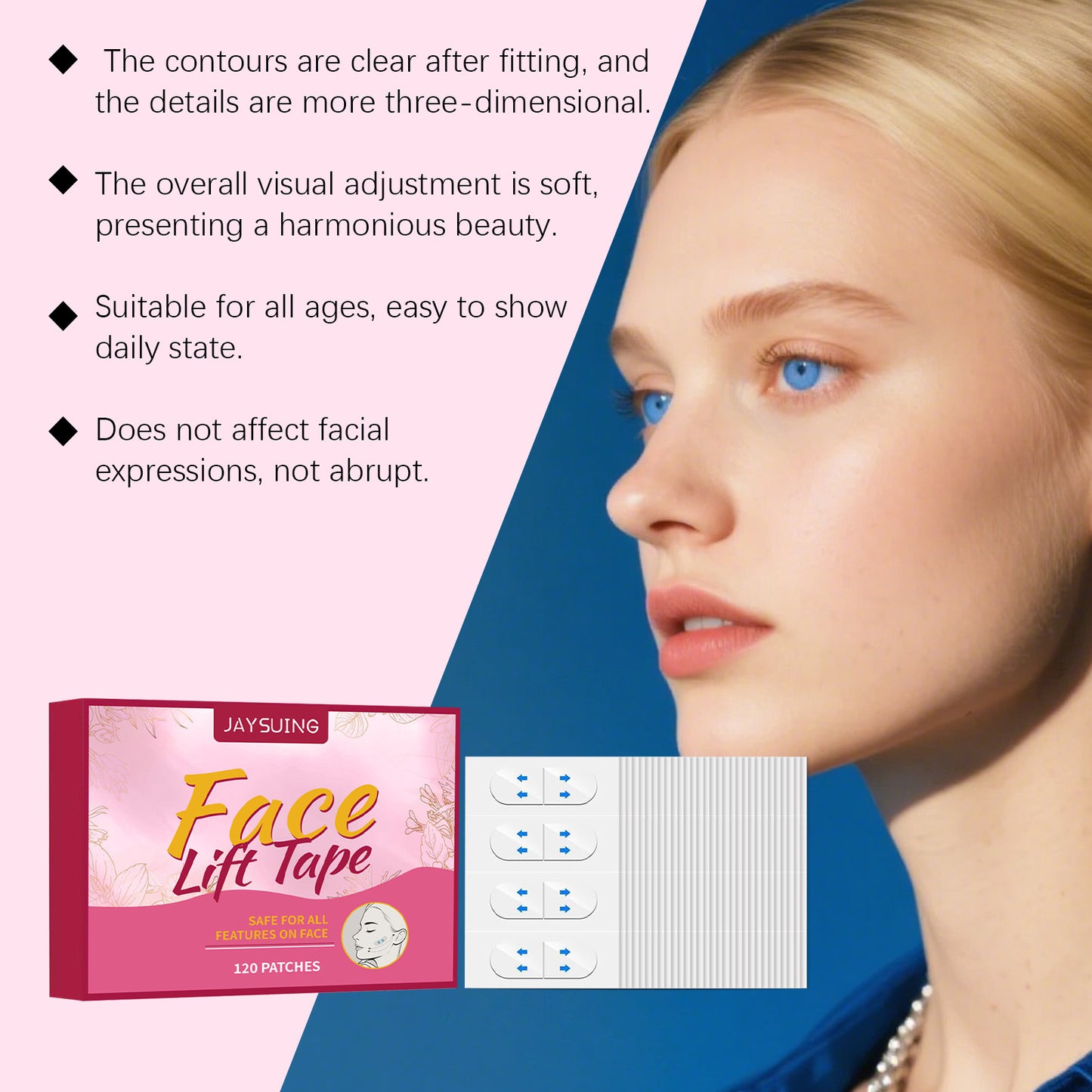 JAYSUING Bande adhésive pour lifting du visage – Patchs invisibles de soutien du contour du visage (120 pièces)