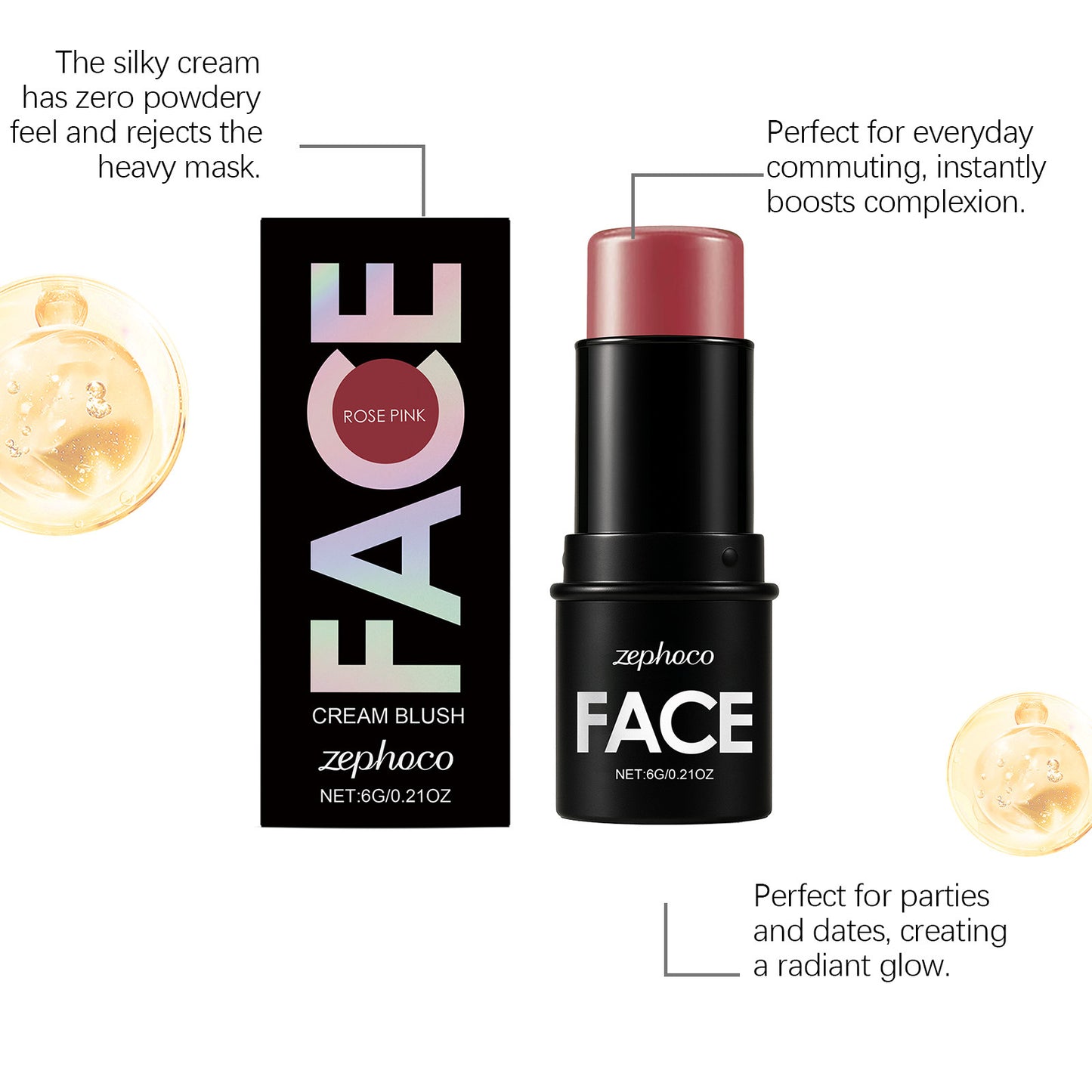 Blush crème visage Zephoco en stick – Blush soyeux rose pour un éclat naturel