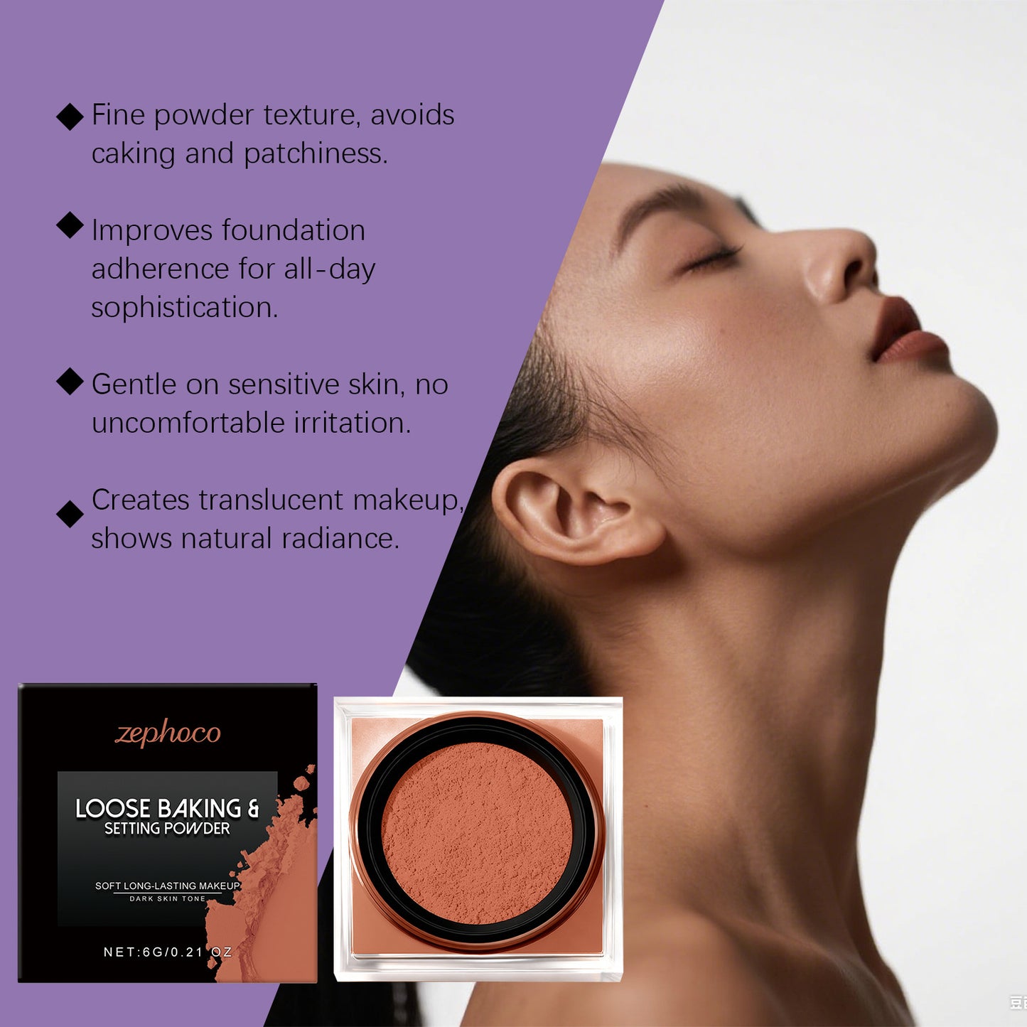 Zephoco Loose Baking & Setting Powder – Soft Focus Makeup Finish for Natural Coverage