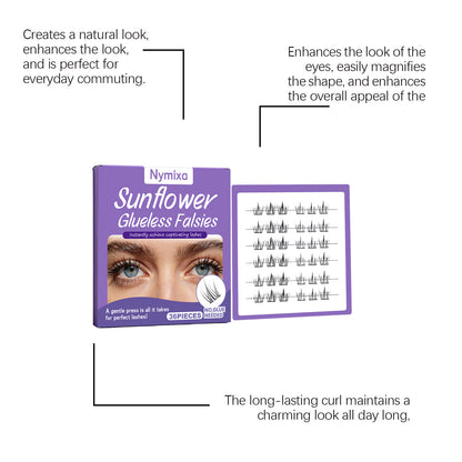 Nymixa Sunflower Glueless Press-On False Lashes – No Glue Needed, Natural Cluster Lashes (36PCS)