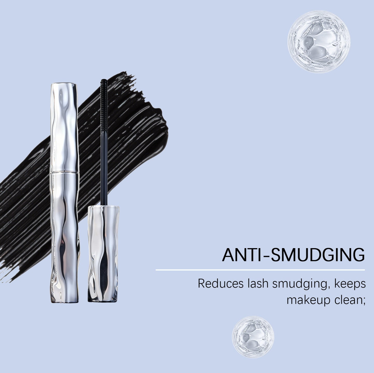 Máscara de pestañas con brillo metálico: acabado suave y limpio, fórmula antigrumos