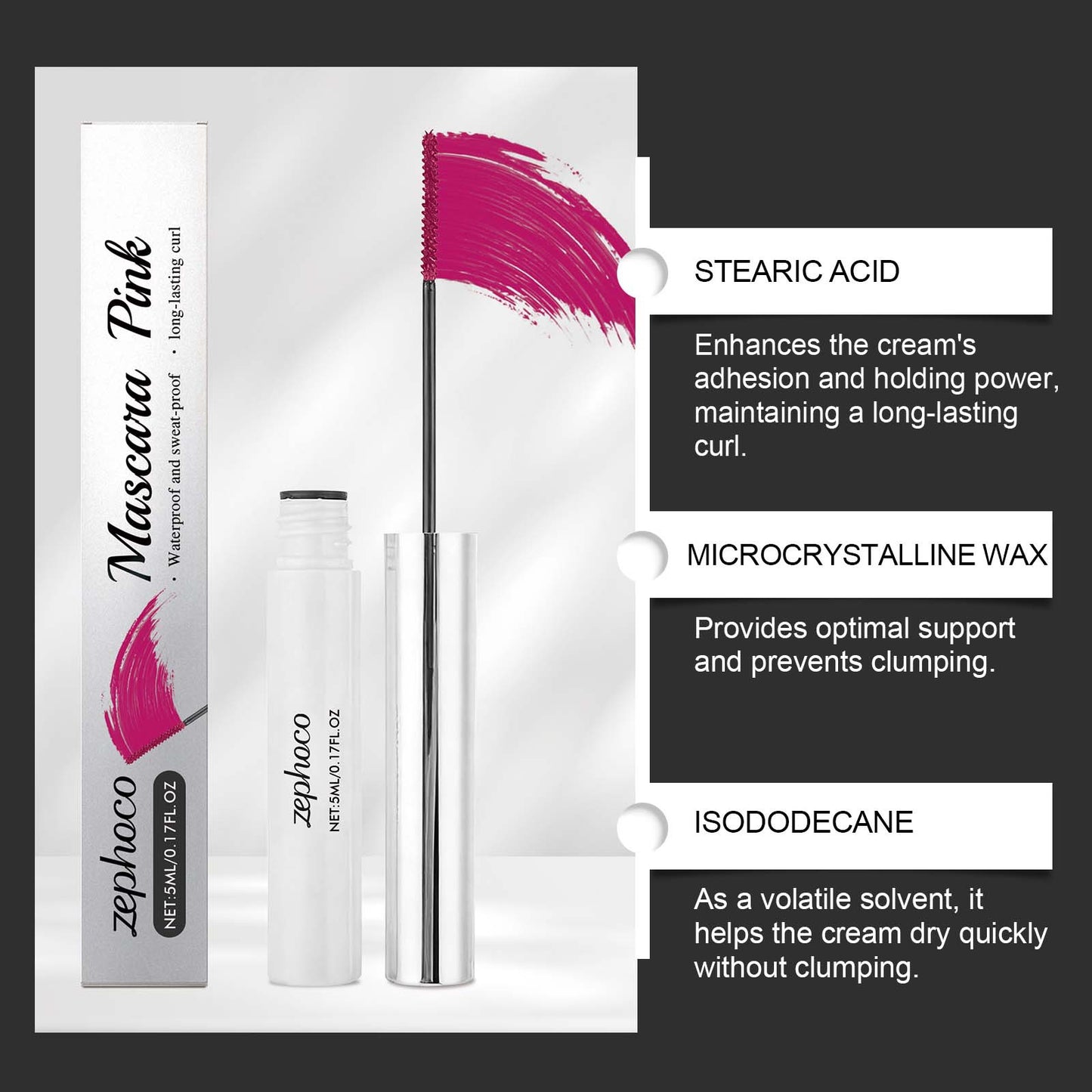 Máscara de pestañas Zephoco: fórmula resistente al agua, suave y sin grumos