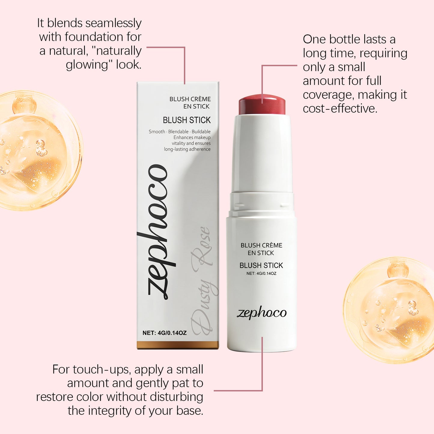 Zephoco Cream Blush Stick: Maquillaje suave y difuminable con brillo natural para mejillas y labios