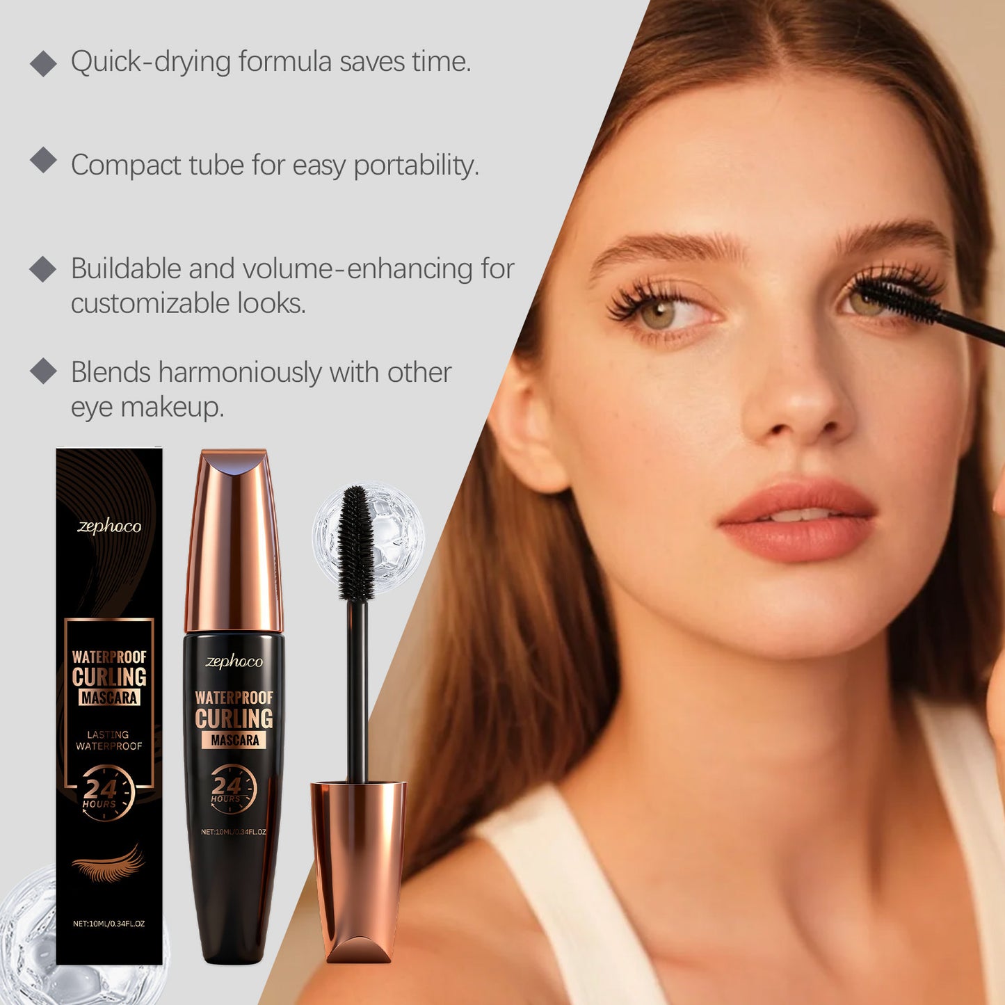 Máscara de pestañas Zephoco Waterproof Curling: aplicación suave, efecto lifting y acabado resistente a las manchas.