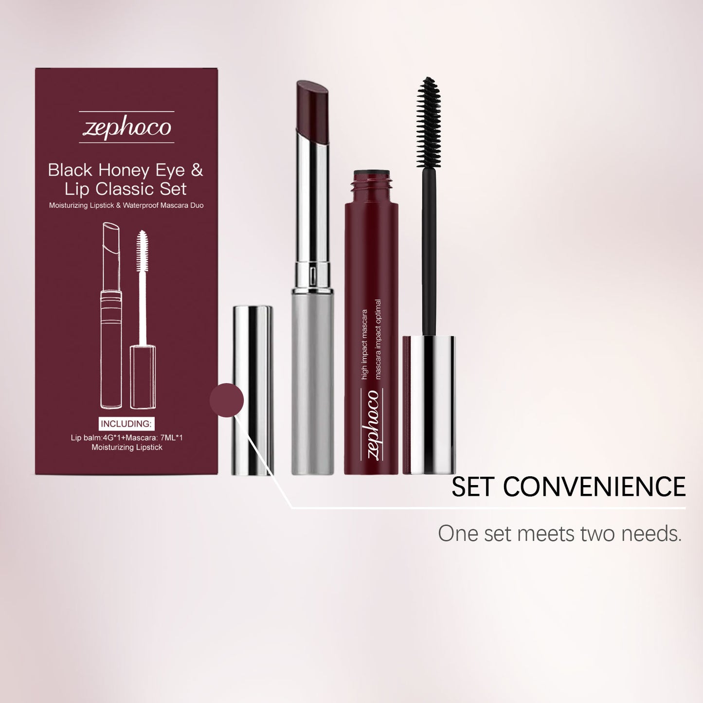 Coffret classique yeux et lèvres Zephoco Black Honey – Duo rouge à lèvres hydratant et mascara waterproof