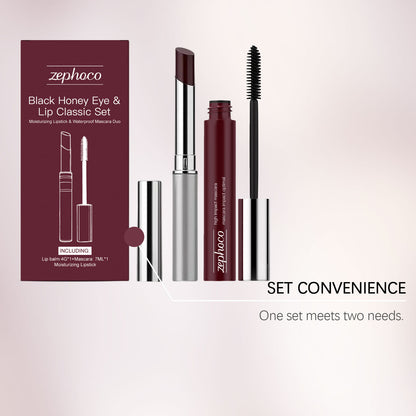 Coffret classique yeux et lèvres Zephoco Black Honey – Duo rouge à lèvres hydratant et mascara waterproof