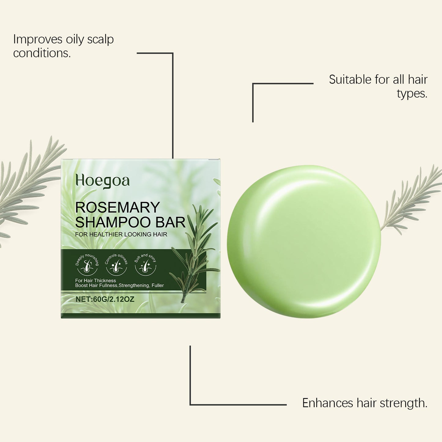 Champú de romero Hoegoa: para un cabello más grueso y saludable (60 g)