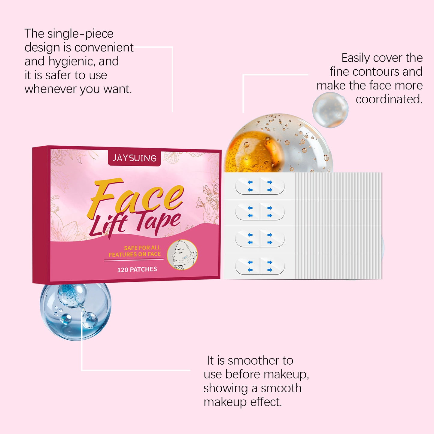 JAYSUING Bande adhésive pour lifting du visage – Patchs invisibles de soutien du contour du visage (120 pièces)
