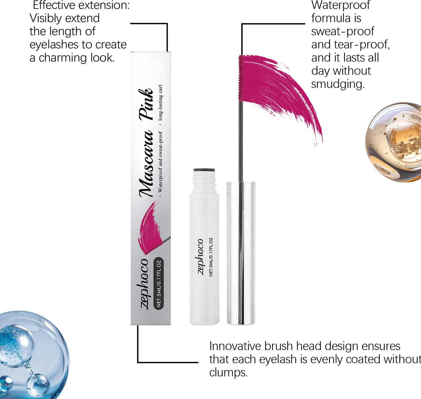 Máscara de pestañas Zephoco: fórmula resistente al agua, suave y sin grumos