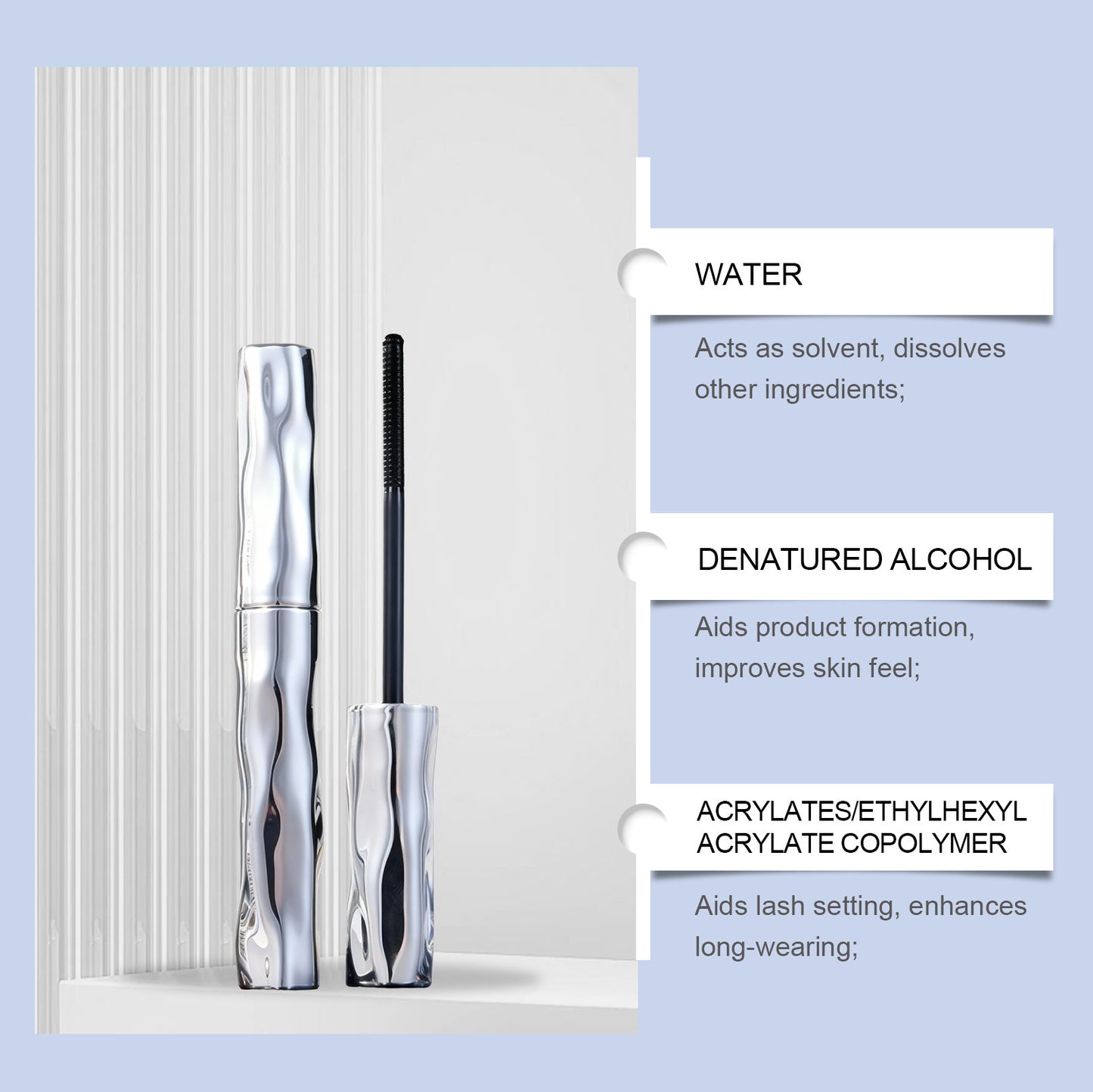 Máscara de pestañas con brillo metálico: acabado suave y limpio, fórmula antigrumos