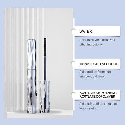 Máscara de pestañas con brillo metálico: acabado suave y limpio, fórmula antigrumos