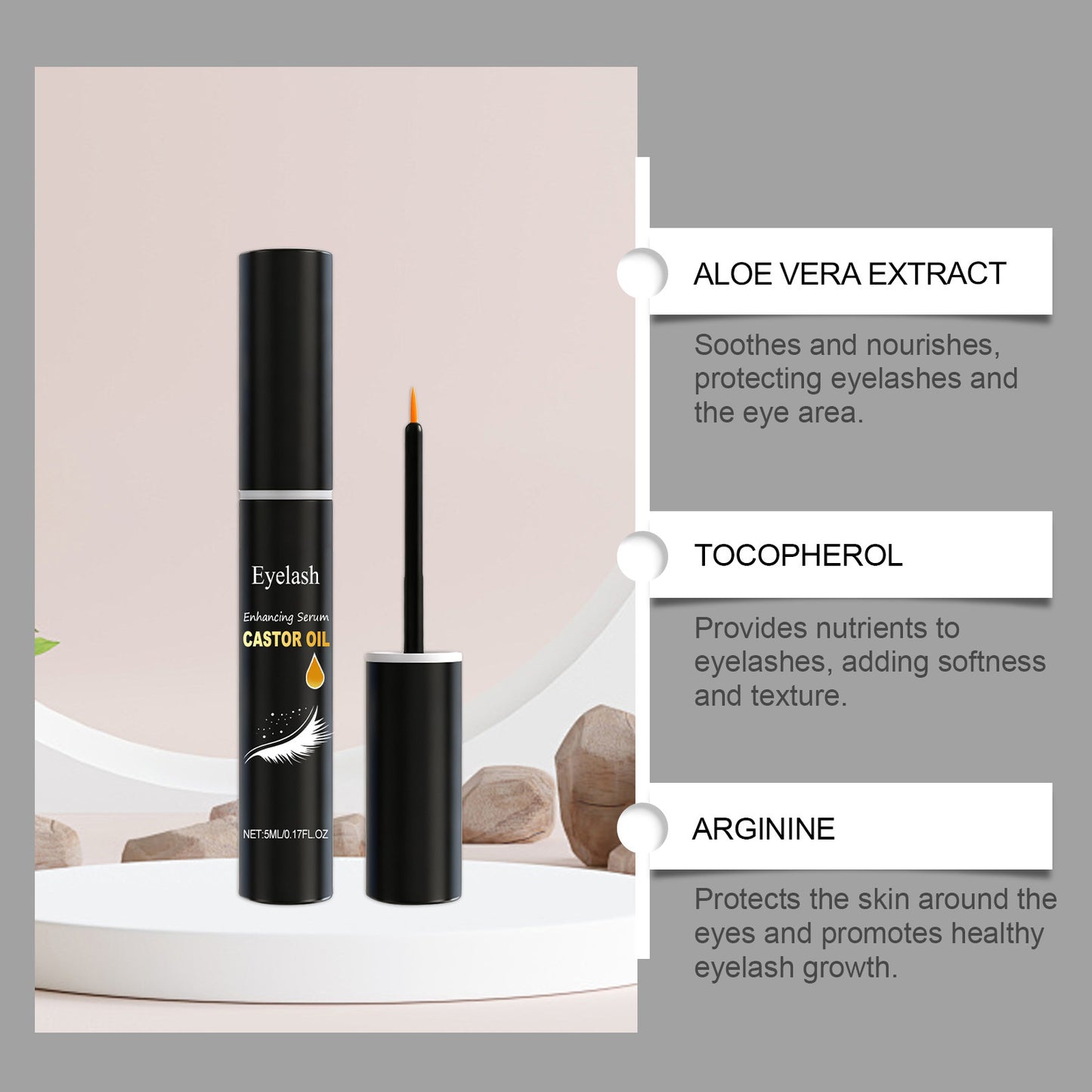 Suero potenciador de pestañas con aceite de ricino: fórmula ligera y nutritiva para el cuidado diario y nocturno de las pestañas.