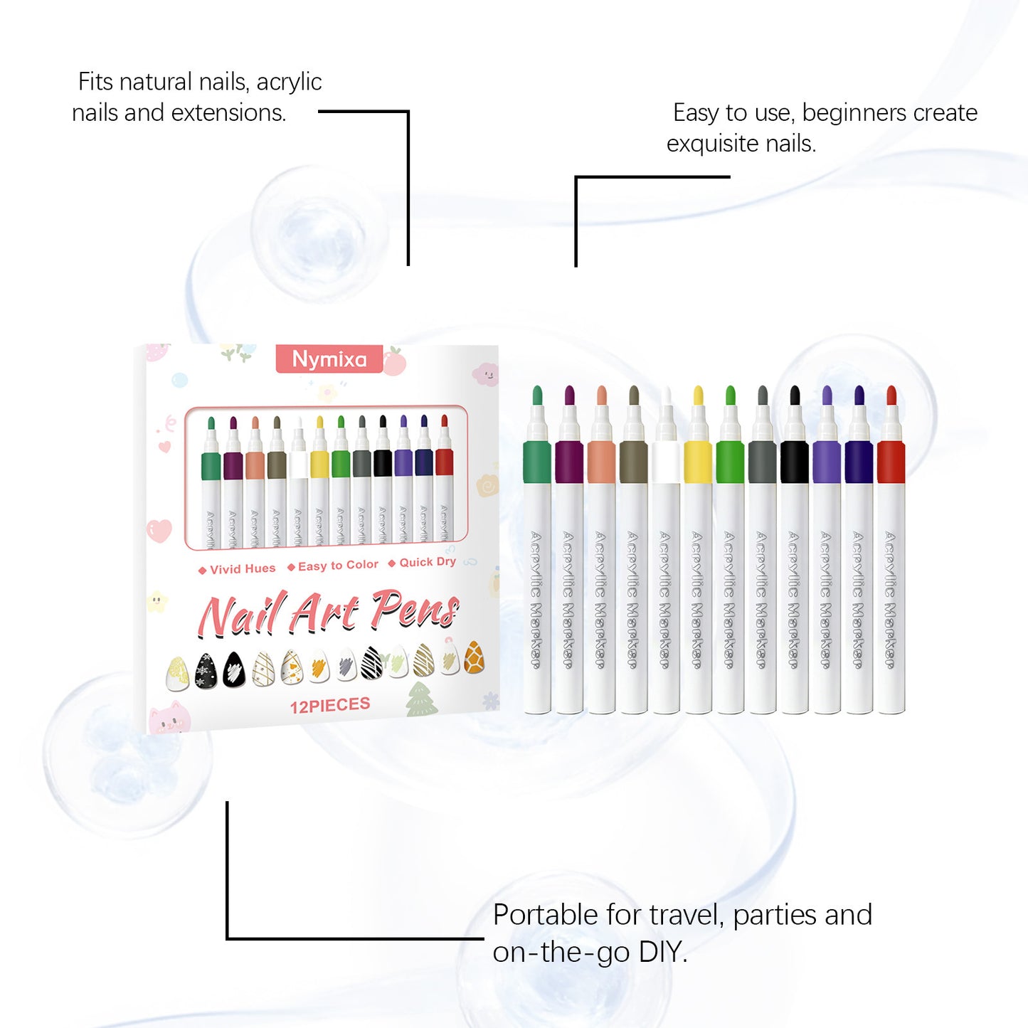 Nymixa Nail Art Pens – 12-Color Quick-Dry DIY Nail Drawing Set