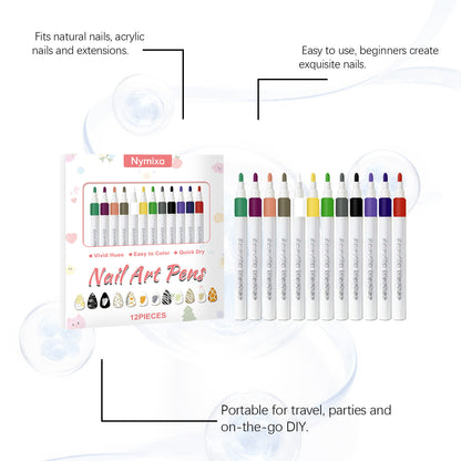 Nymixa Nail Art Pens – 12-Color Quick-Dry DIY Nail Drawing Set