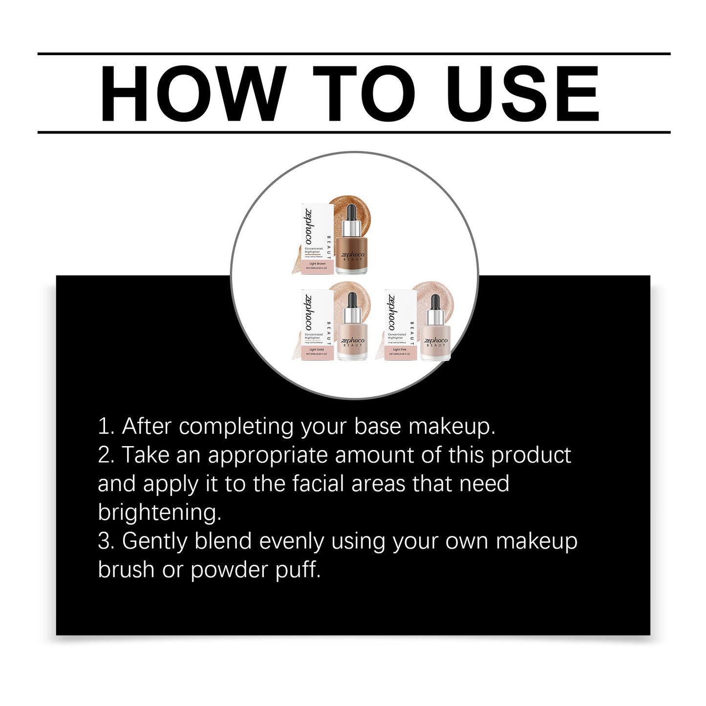 Zephoco Concentrated Liquid Highlighter – Light Brown / Light Gold / Light Pink Glow Drops