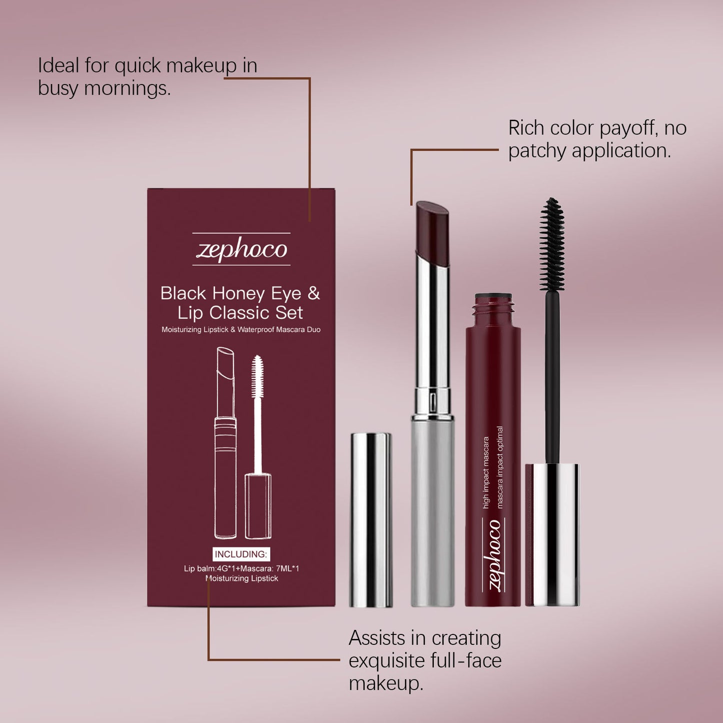 Coffret classique yeux et lèvres Zephoco Black Honey – Duo rouge à lèvres hydratant et mascara waterproof