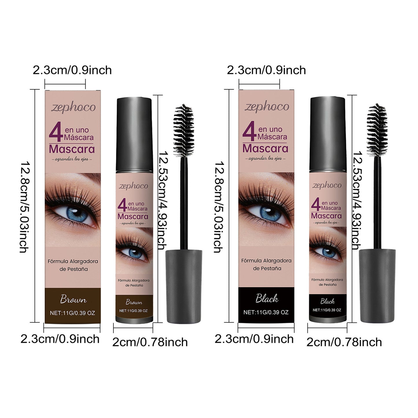 Zephoco 4-in-1 Lengthening & Volumizing Mascara (Black / Brown)