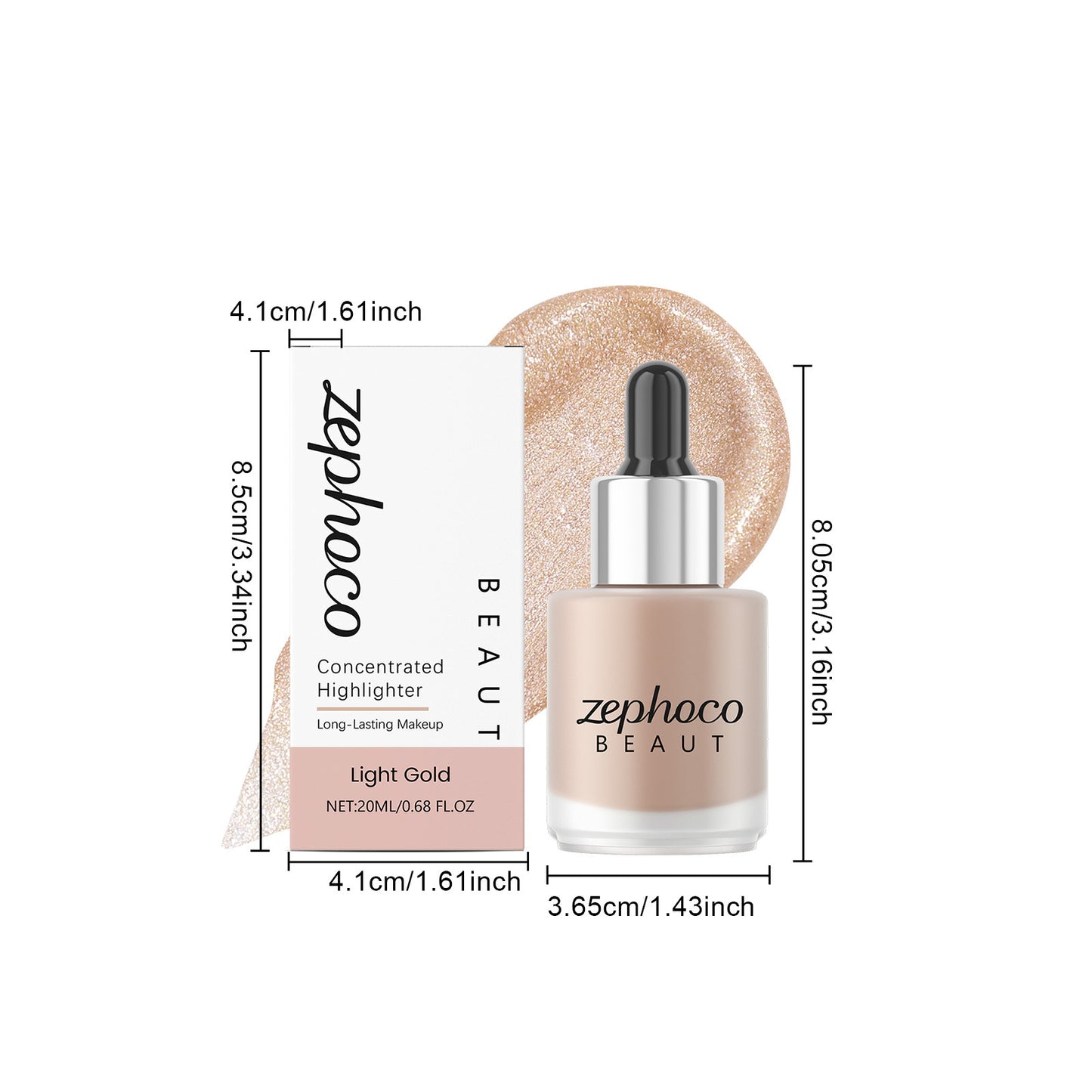 Zephoco Concentrated Liquid Highlighter – Light Brown / Light Gold / Light Pink Glow Drops