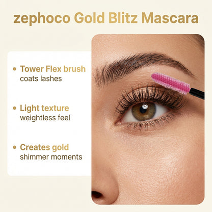 Zephoco Gold Blitz Lightweight Mascara – Buildable Lash Definition & Shimmer Finish