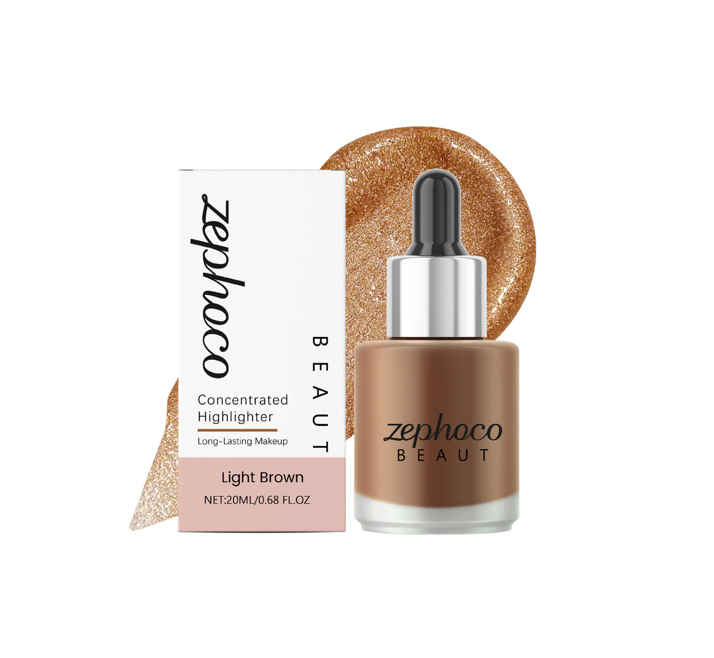 Zephoco Concentrated Liquid Highlighter – Light Brown / Light Gold / Light Pink Glow Drops