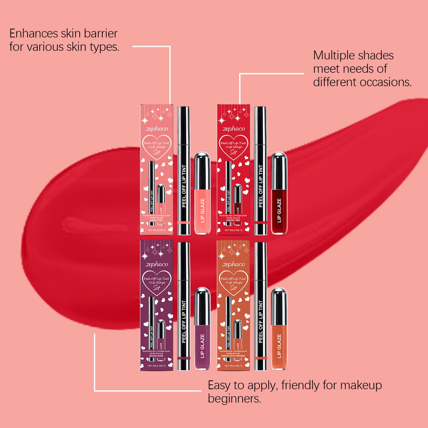 Set de tinte y brillo labial Zephoco Peel-Off: color de larga duración en varios tonos