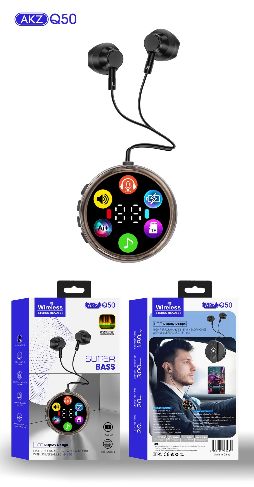 Écouteurs intra-auriculaires sans fil à clip avec affichage LED – Lecture de carte TF, longue autonomie et appels HD