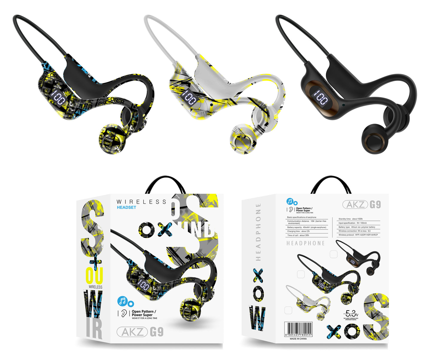 Écouteurs Bluetooth à conduction osseuse AKZ-G9 – Conception à oreille ouverte, affichage LED et longue autonomie