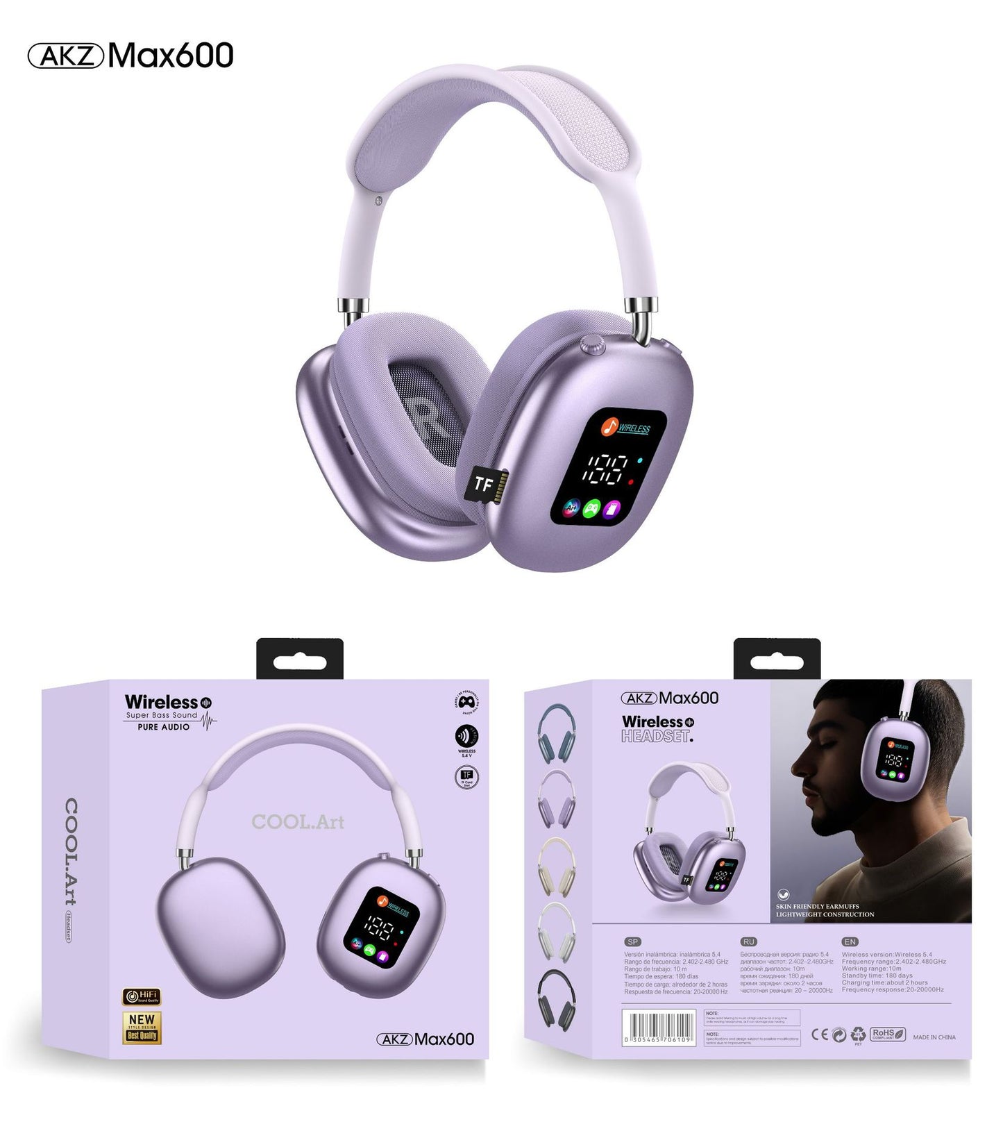 Casque Bluetooth sans fil supra-auriculaire AKZ MAX600 – Écran LED RVB, basses profondes et appels clairs