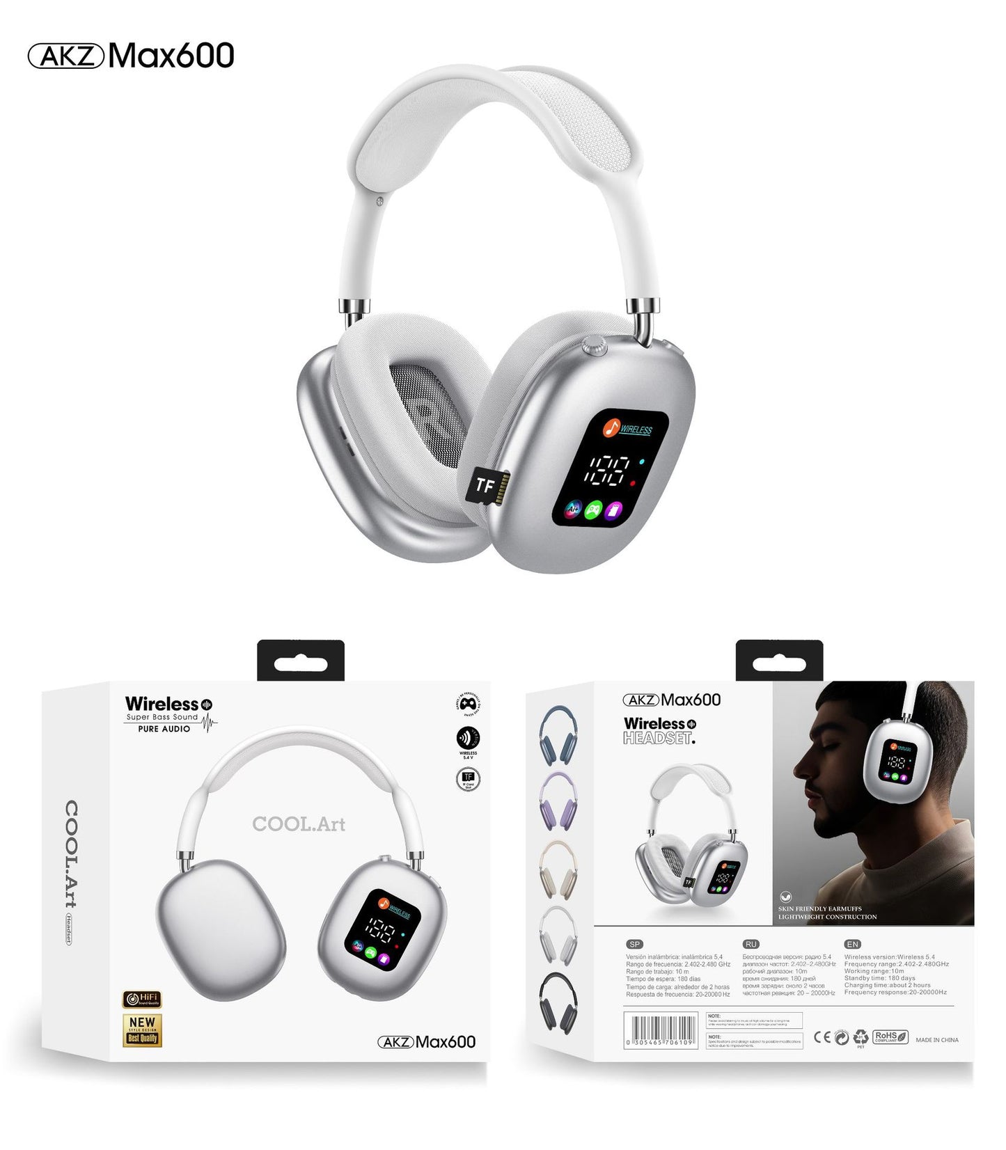 Casque Bluetooth sans fil supra-auriculaire AKZ MAX600 – Écran LED RVB, basses profondes et appels clairs