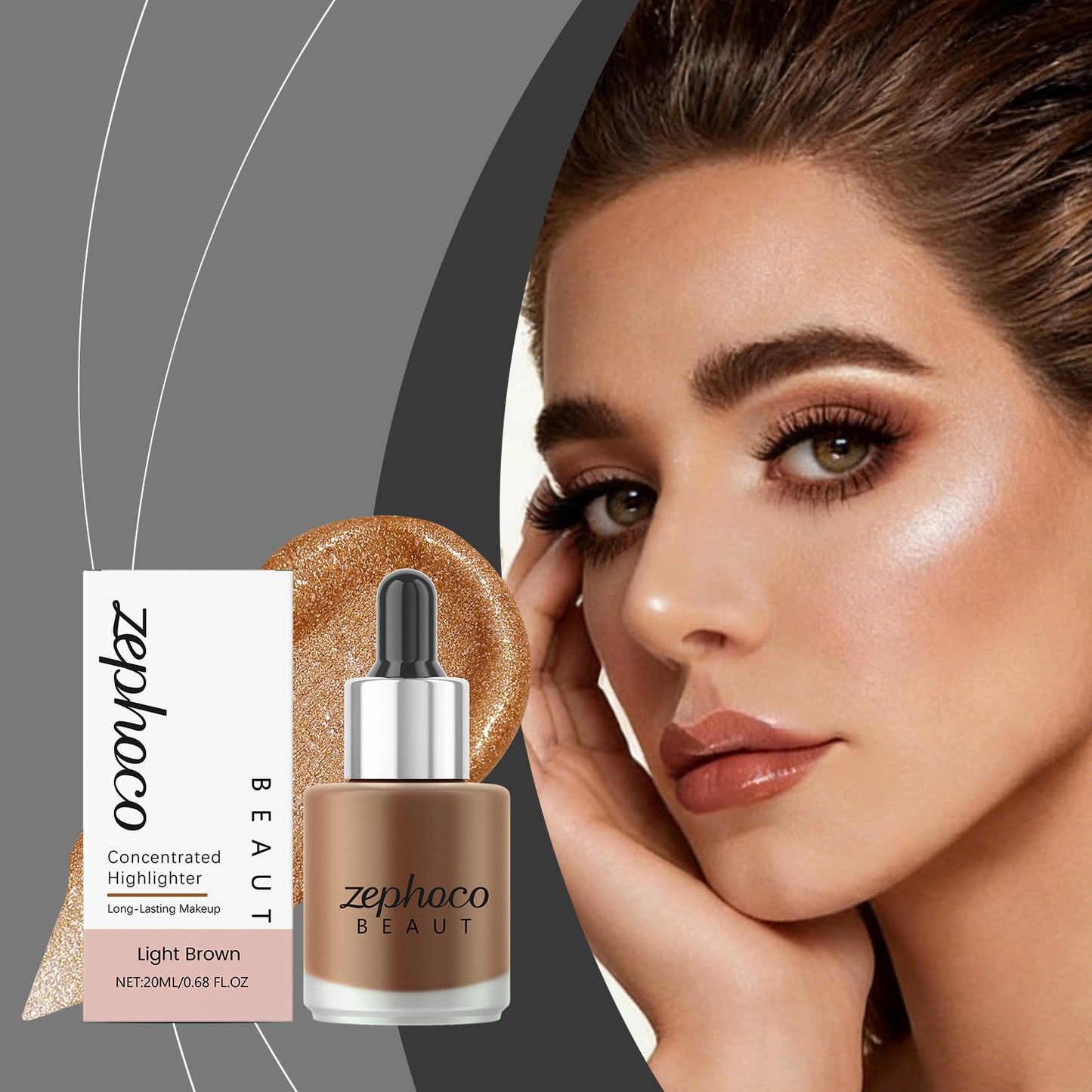 Zephoco Concentrated Liquid Highlighter – Light Brown / Light Gold / Light Pink Glow Drops