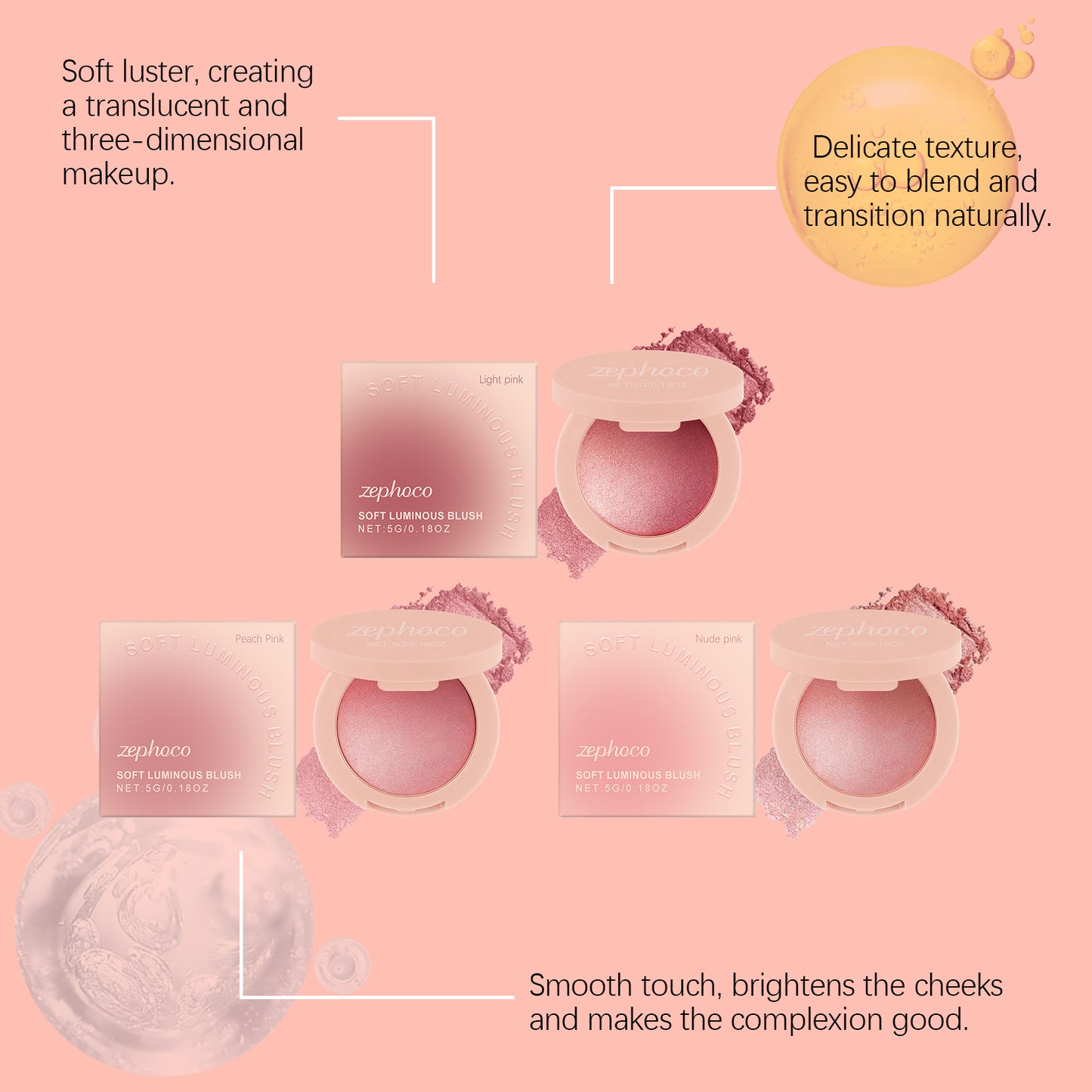 Zephoco Soft Luminous Blush: rubor en polvo ligero y brillante con acabado de brillo natural