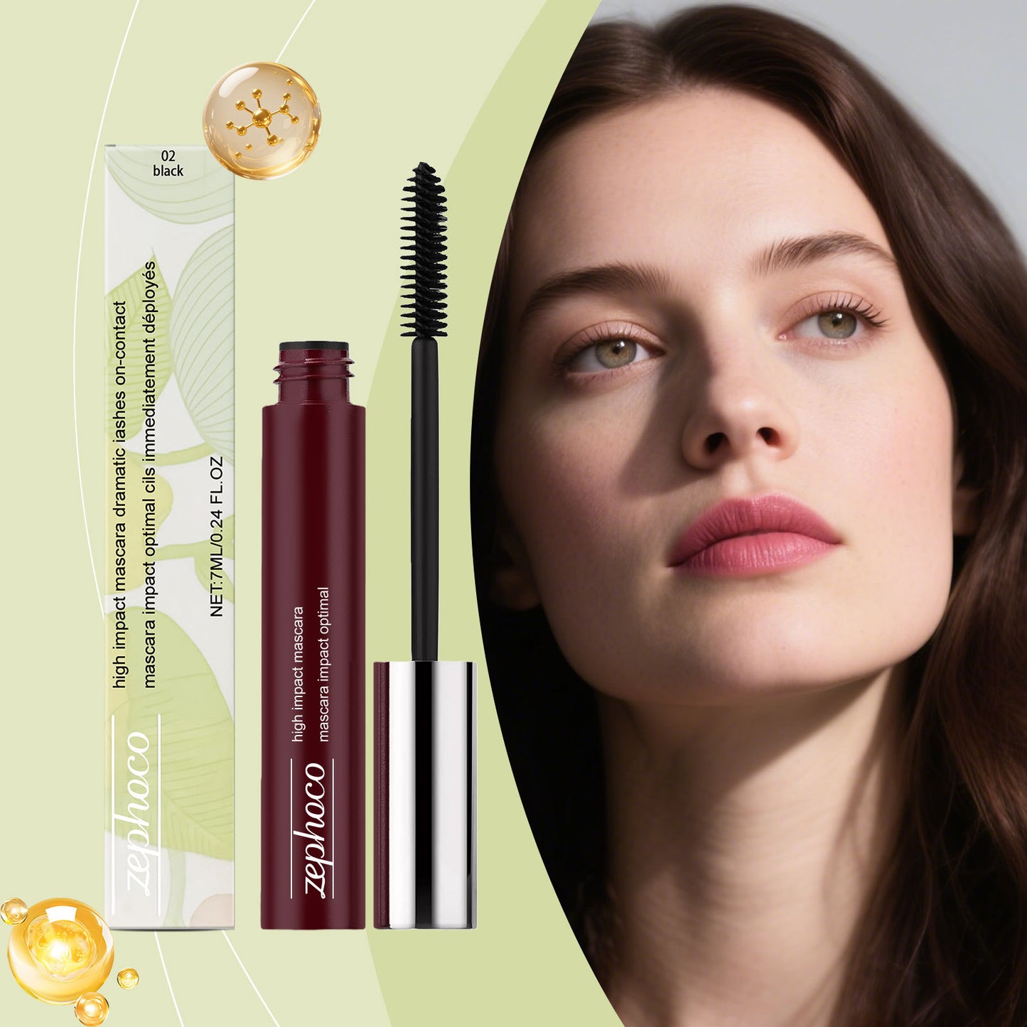 Máscara de pestañas y cejas de alto impacto Zephoco: aplicación suave y definición natural